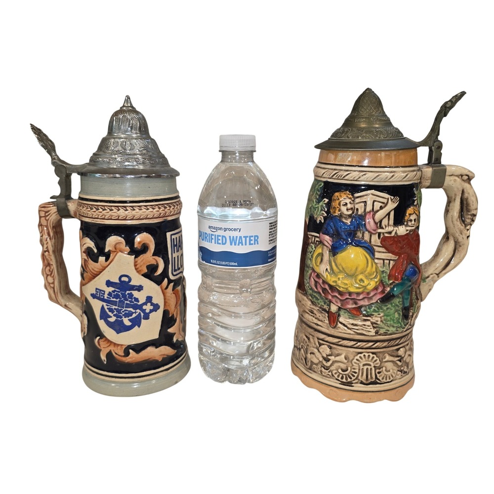 2 Vintage Collectible Germsn Beer Steins Music Box Alpine Hapag Lloyd Anchor Jug